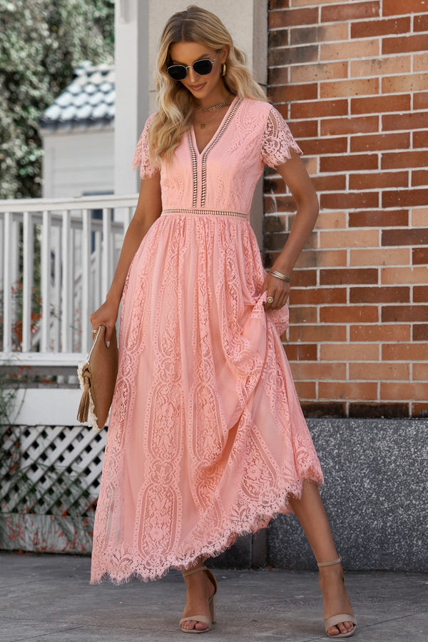 scalloped-trim-lace-plunge-dress Sophia's Trends - Sophia's Style-White-S